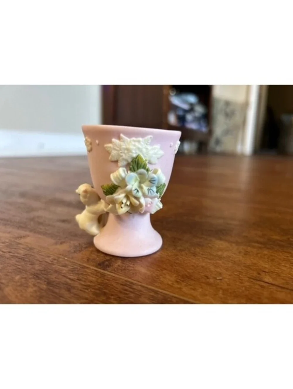 Vintage Pink Ceramic Egg Cup with Bunny and Floral Detailing